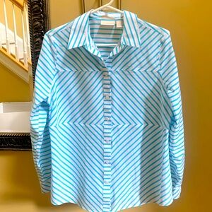 Chicos women's 1 fits size 8 No Iron Turquoise and White striped shirt top